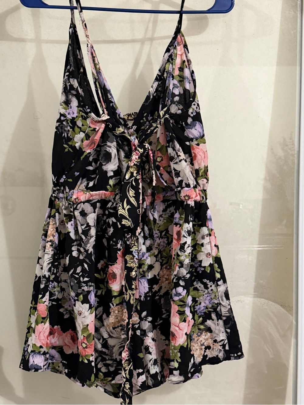 Windsor Black Floral Tie-Front Romper with Green and Lilac Accents